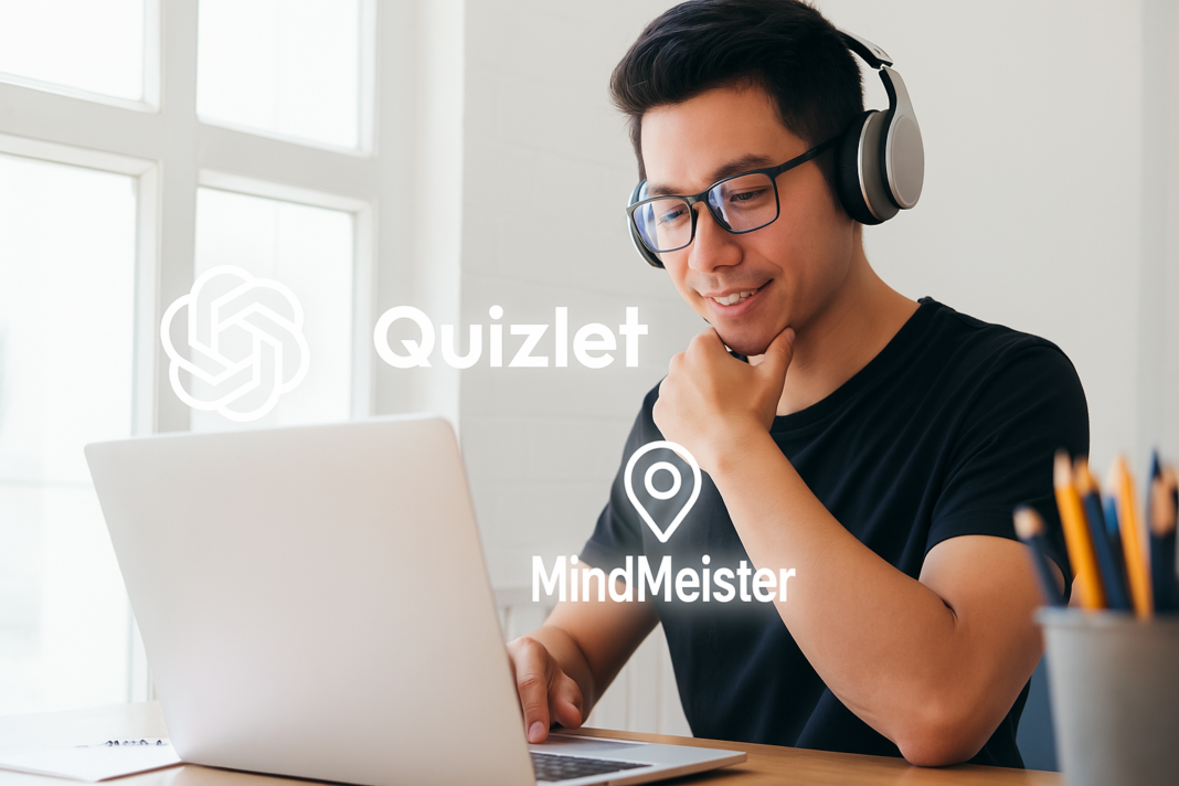 Estudante de odontologia usando inteligência artificial para estudar, com ícones em neon do ChatGPT, MindMeister e Quizlet saindo da tela do notebook.