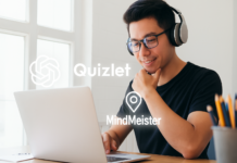 5 formas de usar IA para estudar Odontologia com mais eficiência Estudante de odontologia usando inteligência artificial para estudar, com ícones em neon do ChatGPT, MindMeister e Quizlet saindo da tela do notebook.